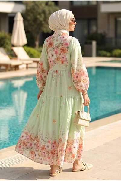 Kirazca Butik Women's Luxurious Floral Patterned Layered Hijab Dress – Elegan...