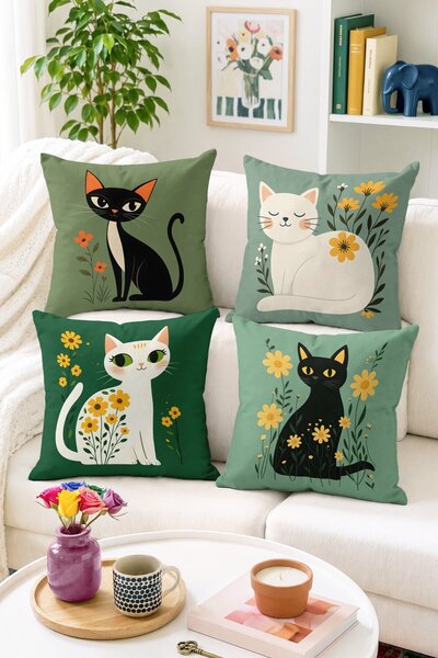 Home Sevimli Kedi ve Çiçek Desenli 4’lü Kırlent Kılıfı Seti - Modern Dekorati...