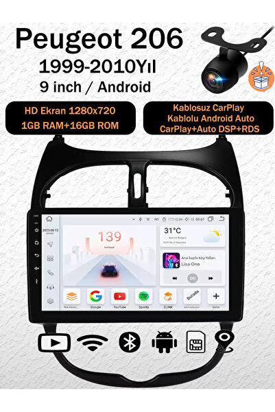 coni Peugeot 206 1999-2010 Uyumlu 1GB RAM 16GB Android Navigasyon Multimedya ...