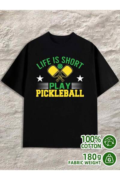 2mcup تي شيرت رجالي بطبعة "Pickleball Life is Short"، 180 جرام، 100% قطن، إصد...