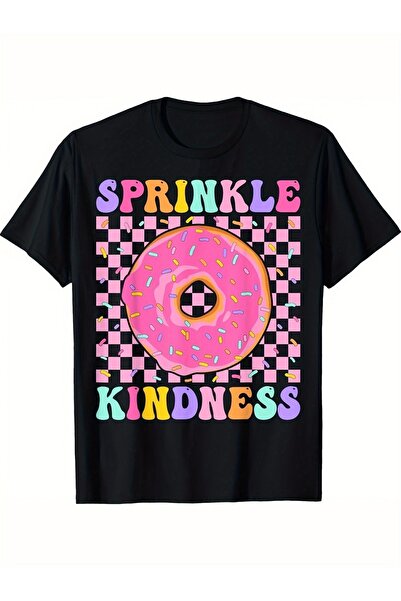 1001 Line تي شيرت أسود بطباعة "Sprinkle Kindness" مع نمط مربعات ملونة، هدية م...