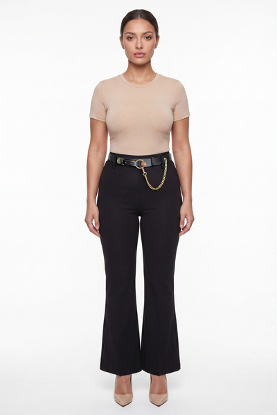 EXİTLİNE Women's Black Summer High Waist Belted Spanish Flare Pants with Acce...