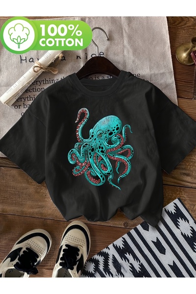 STITCHLY تي شيرت نسائي للجنسين بطبعة أخطبوط أزرق - قميص ناعم ومسامي بأكمام قص...