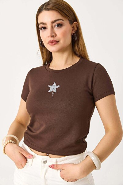 Raneel Kazançlı Alışveriş Women's Short Sleeve Star Stone Crop Blouse Brown