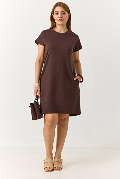 Raneel Kazançlı Alışveriş Women's Short Sleeve Crew Neck Midi Dress Brown