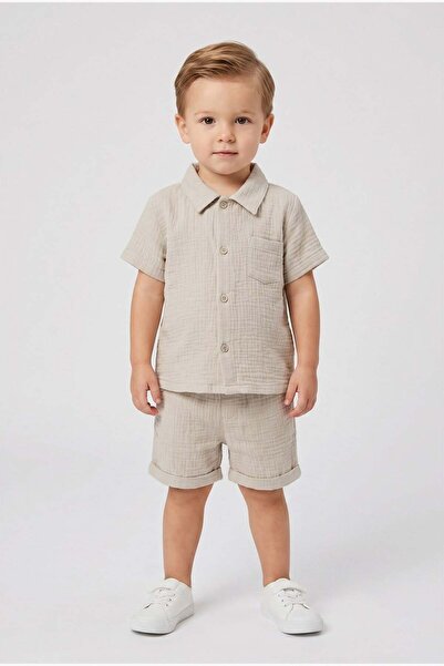 LUESS Boy's 100% Cotton Muslin Fabric Shirt Set - Gray (9 Months 4 Years Old)