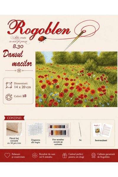Rogoblen Kit de cusut Dansul macilor - set goblen cu pânză, diagrame alb-negr...