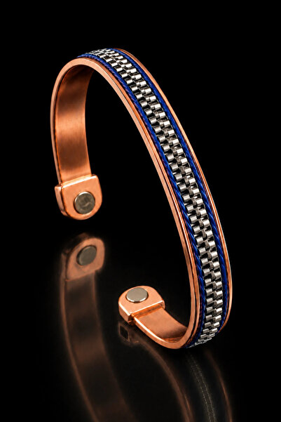 OSMANLI GÜMÜŞ Men's and Women's Copper Bracelet with Navy Blue Leather Strip ...