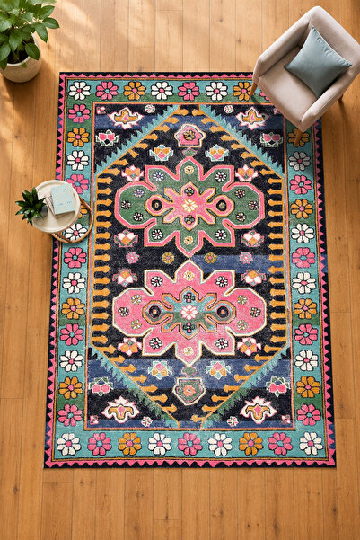 Olden Rug Bohem Çiçek Desenli Vintage Yıkanabilir Kaydırmaz Taban Dekoratif H...
