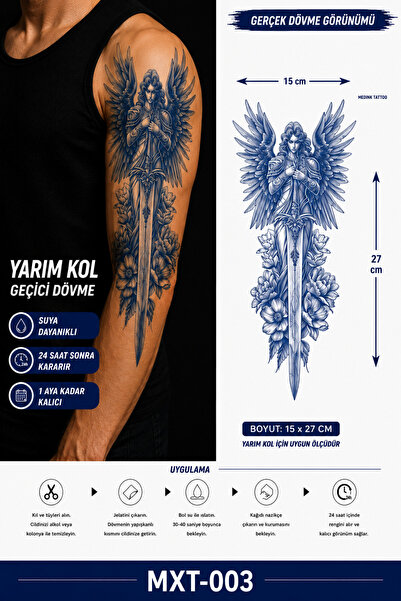 medink tattoo 1 Ay Kalıcı Sonradan Kararan Kılıç ve Melek desenli Yarım Kol g...