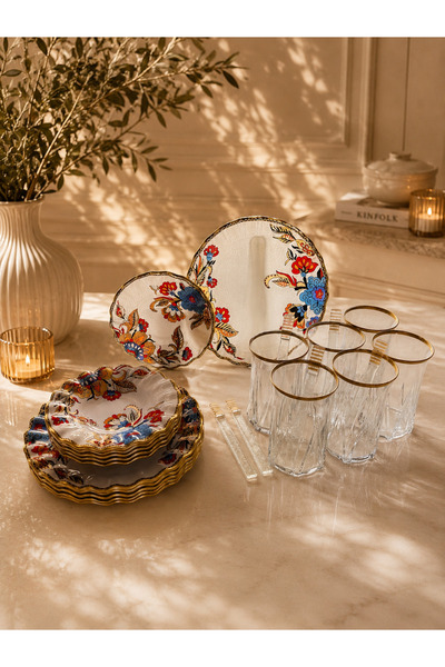 GÜRCÜGLASS White Flower 24 Pieces of Tea Pleasure with Spoon