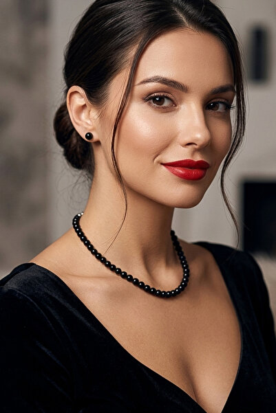 bb bridal boutique Black Glass Pearl Ball Necklace, Evening Dress Necklace, C...
