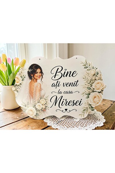 OEM Placuta decorativa MDF 60×40 cm – „Bine ati venit la casa miresei” – alb / crem elegant, Cadou casa noua / nunta
