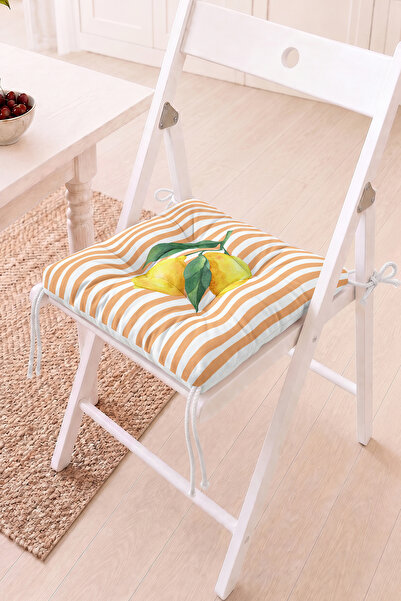 Home Sarı Limon Figürü ve Çizgili Desenli Pofidik Sandalye Minderi - Mutfak v...