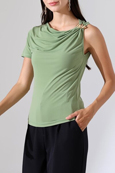 Sabr Asymmetrical Collar Sandy Blouse with Metal Accessories