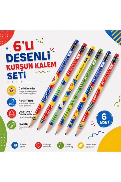 Faber Castell Faber-Castell 6 Adet Pattern Desenli Kurşun Kalem Seti HB Silgi...