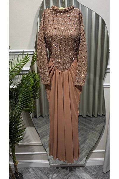 Jood Mocha Embroidered Evening Dress with Long Sleeves