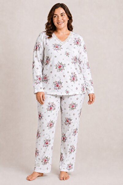 CottonVia Mother's Pajama Set, Lace V-Neck, Long Sleeves, 100% Cotton, Red & ...