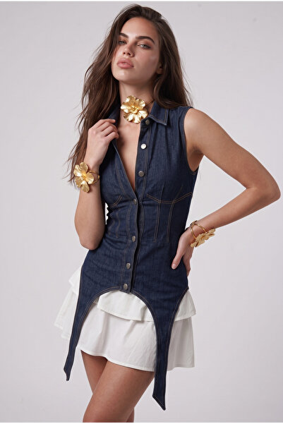 TLG TLG GİYİM Women's Asymmetrical Cut Denim Vest and White Ruffle Mini Skirt...