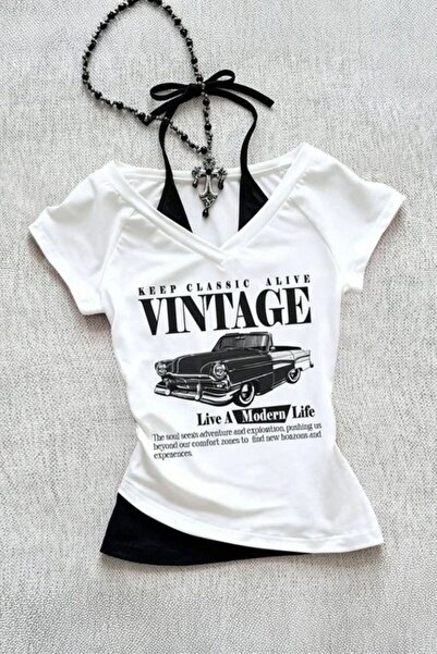 ARS Butik Black Vintage Modern Life Y2K Short Sleeve Crop with Additional Straps