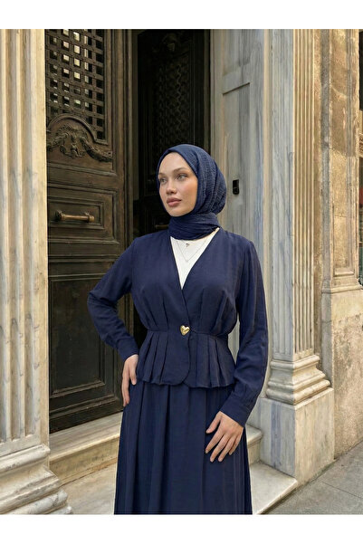 Foremia Jacket with Button Detail and Skirt Set - Navy Blue