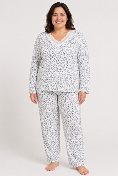 CottonVia Mother's Pajama Set, Lace V-Neck, Long Sleeves, 100% Cotton, Blue &...