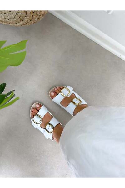 ERVANIN BUTİĞİ White Skin (Aven) Double Buckle Women's Slippers