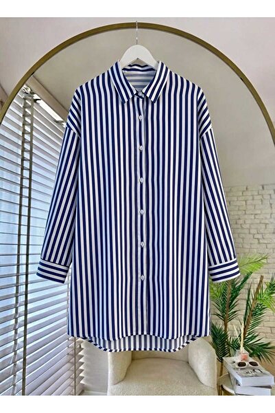 Giyim Gezegeni Kadın Çizgili Tesettür Tunik 85 cm Oversize Gömlek Yaka Düğmel...