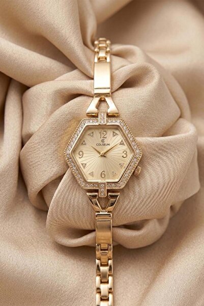 GANYMET Chany Women's Gold Hexagonal Steel Watch Champagne Sunburst Dial Ston...