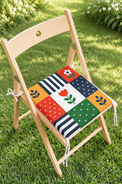 Home Patchwork Çiçek ve Kalp Desenli Fermuarlı Sandalye Minderi - Çizgili Pua...