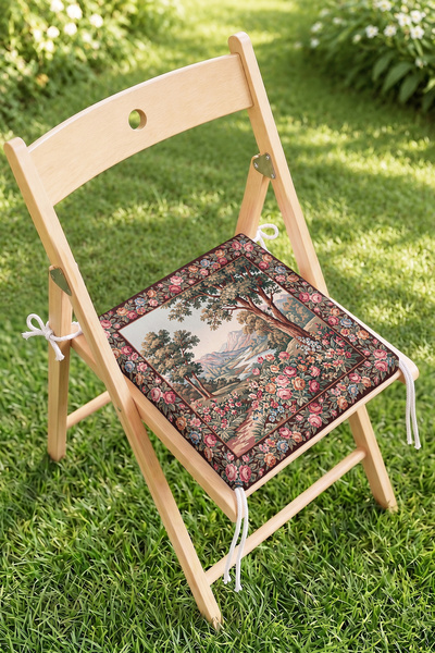 Home Manzara ve Çiçek Bordür Desenli Fermuarlı Sandalye Minderi - Vintage Bah...