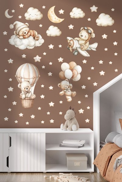 Sticker Ekspres Sevimli Boho Ayıcıklar Çocuk Ve Bebek Odası Duvar Kapı Cam Sticker Seti