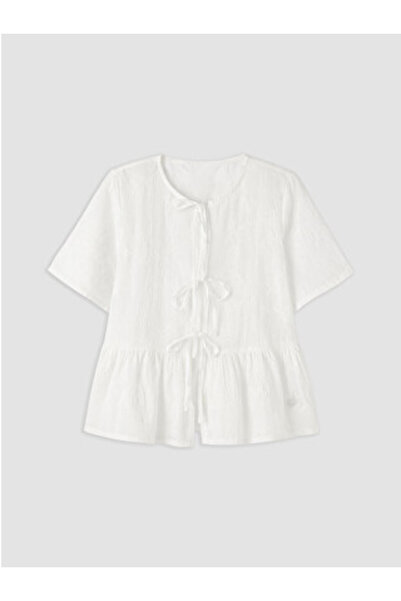 LC Waikiki White Tie-Neck Embroidered Ruffle Blouse