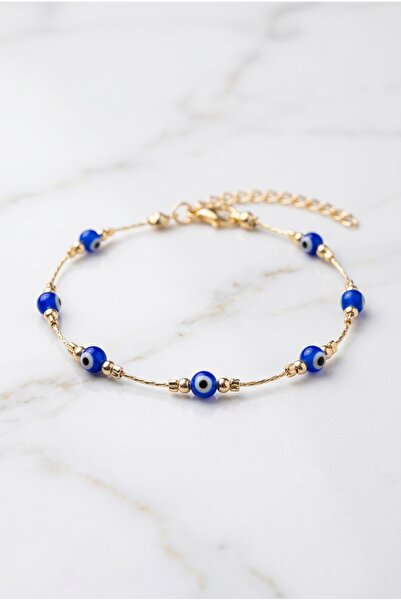 Mijja 7 Mini Glass Evil Eye Beads Detailed Gold Chain Lacquer Plated Bracelet...