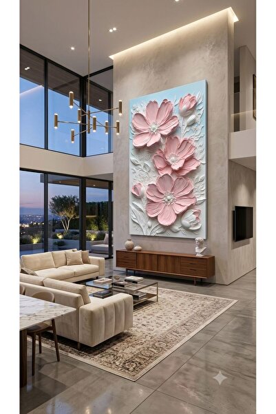 zeyrada Modern Dekorasyon 3D Efektli Özel Tasarım Kanvas Tablo Pembe Çiçek ve...