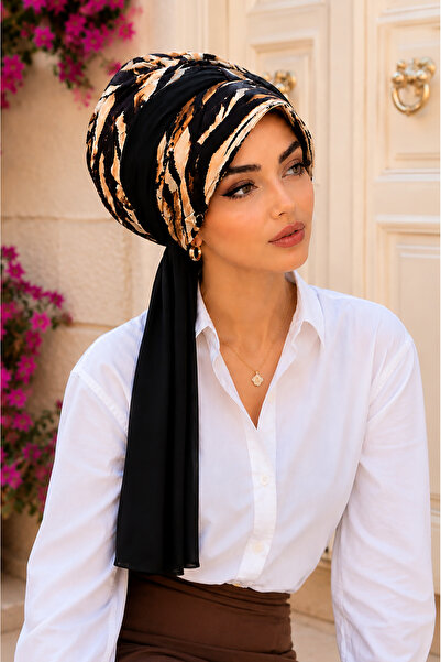 Aişe tesettür Black Beige Tree Bark Pattern Scarf Hat