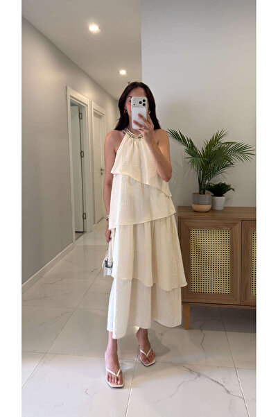 BİRCANÇİL Vallis Cream Collar Embroidery Detailed Lined Dress