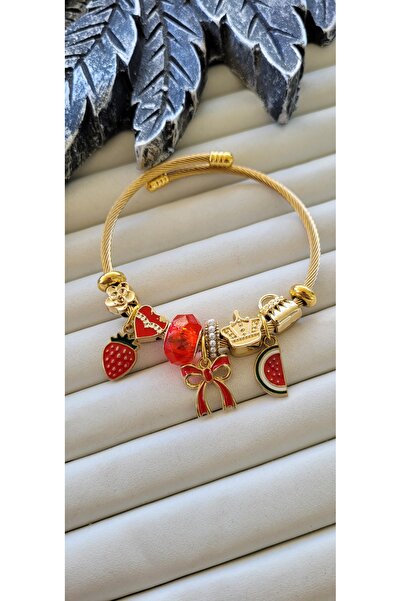 YİĞİTKARANAKSESUAR Steel Gold Charm Bracelet – with Strawberry, Bow and Water...