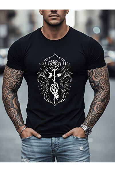 23 nisan Men's Pure Cotton T-shirt, Vintage Rose Skeleton Print Design, Summe...