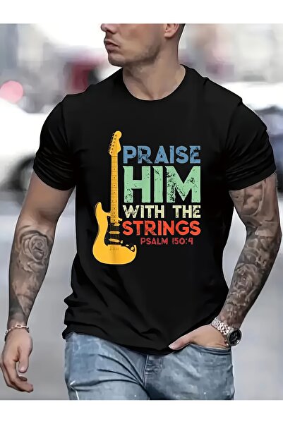 212Wear Men's Pure Cotton Lettering T-Shirt - PRAISE Print Round Neck Top, Su...