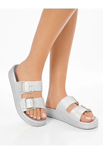 FLEXİS Women's Silver Glitter Double Buckle Orthopedic Sole Daily Slippers Si...