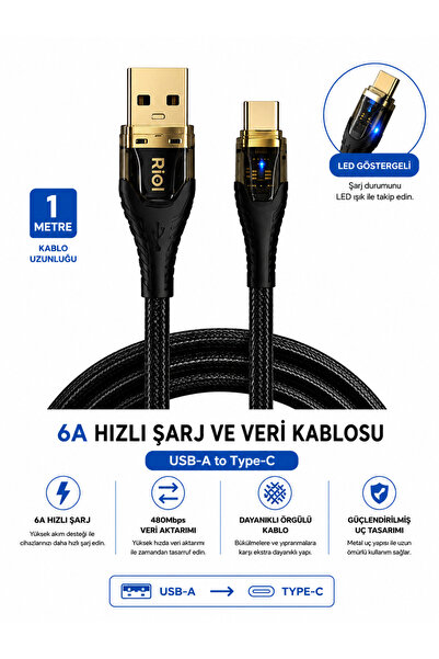 Rio USB-A to Type-C 6A Hızlı Şarj ve Veri Aktarım Kablosu 1 Metre Örgülü Kabl...