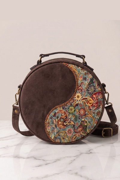 Eva Çanta Vintage Kadın Çantası - Kahverengi Turuncu Süet ve Yin Yang Desenli...