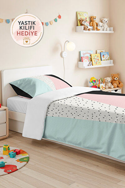 Evimde Bambaşka Geometric Pastel Young Room Single Pique Set - Mint Anthracit...