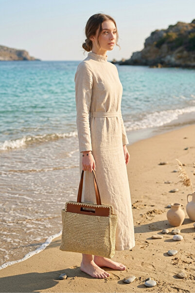 Marina Swimwear Leather Top Detailed Straw Bag - Beige Cnt2605-4