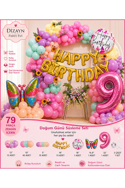 Dizayn Parti Evi 79 Parça Kelebek Temalı Doğum Günü Süsleme Seti Pastel Pembe...