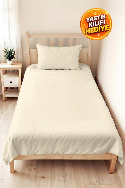 Evimde Bambaşka Cream Minimal Single Pique Set - Quilted Geometric Ecru Seaso...