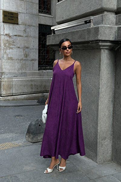 World Fashion Trends Mürdüm Look Fabric Adjustable Strap Long Dress