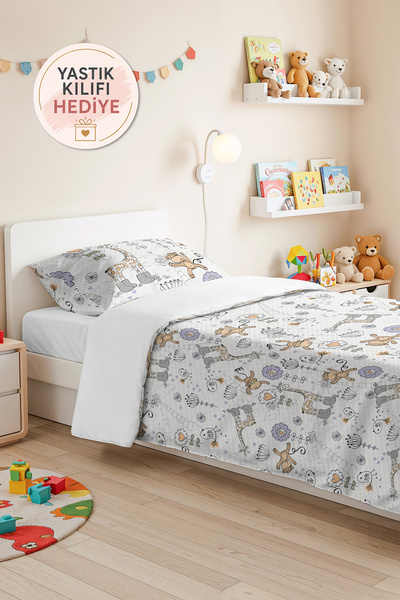 Evimde Bambaşka White Children's Room Single Pique Set with Safari Animals - ...