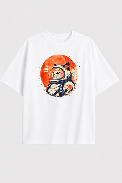 Auryne Jewelry Unisex Oversize Retro Space Cat Bringing Luck Kanji T-Shirt 10...